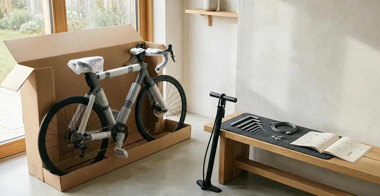 Vélo partiellement assemblé sortant d'un carton de livraison dans un garage avec outils de montage