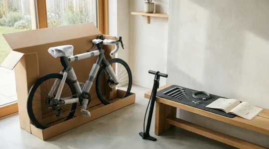 Vélo partiellement assemblé sortant d'un carton de livraison dans un garage avec outils de montage