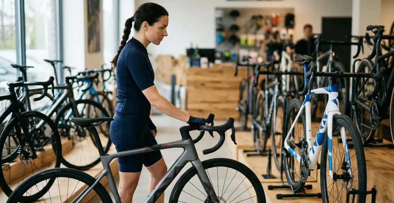 Cycliste contemplant différents vélos de route dans un magasin spécialisé, lumière naturelle douce