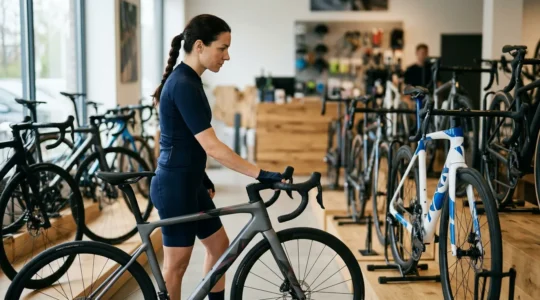 Cycliste contemplant différents vélos de route dans un magasin spécialisé, lumière naturelle douce