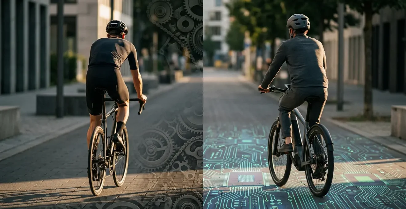 Comparaison visuelle entre vélo électrique et vélo musculaire avec éléments économiques