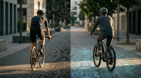 Comparaison visuelle entre vélo électrique et vélo musculaire avec éléments économiques