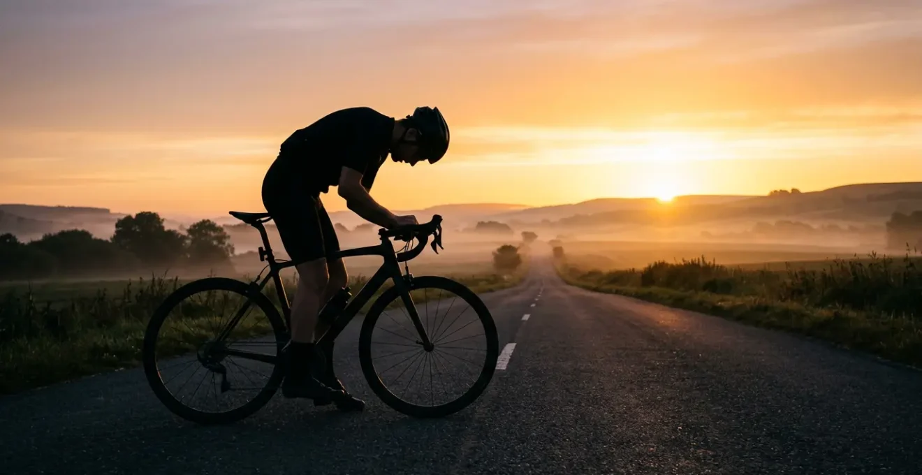 Cycliste amateur ajustant sa position sur un vélo de route au lever du soleil