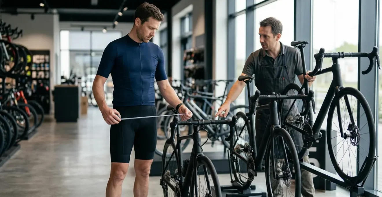 Cycliste contemplant deux vélos de tailles différentes M et L dans un magasin avec expert conseil