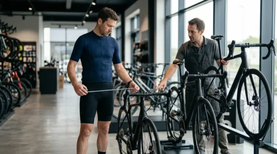 Cycliste contemplant deux vélos de tailles différentes M et L dans un magasin avec expert conseil