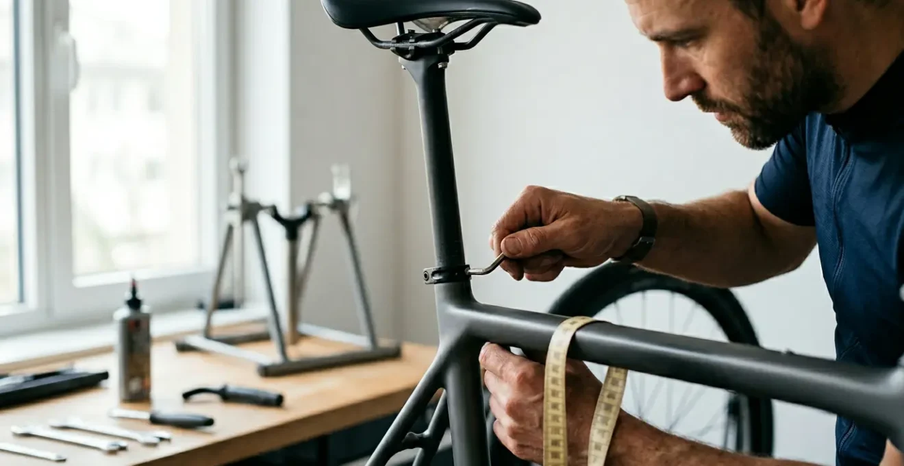 Cycliste ajustant la hauteur de sa selle de vélo avec des outils de mesure