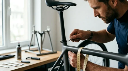 Cycliste ajustant la hauteur de sa selle de vélo avec des outils de mesure