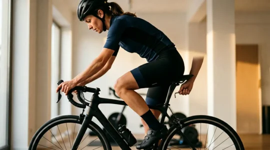 Cycliste ajustant sa position sur son vélo avec un focus sur l'alignement biomécanique du genou et du dos