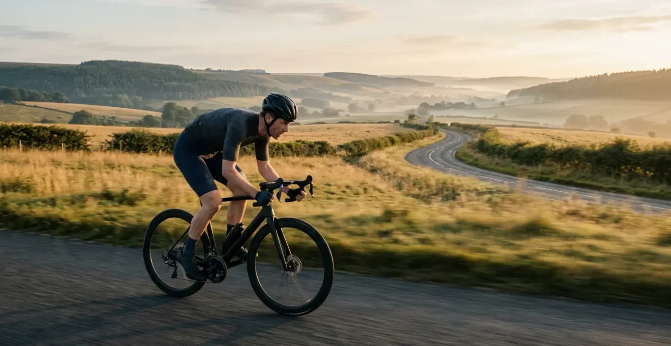 Cycliste en position aérodynamique roulant seul sur route de campagne à vive allure