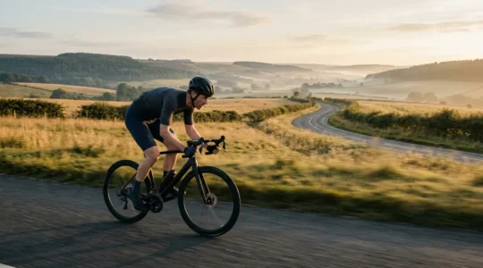 Cycliste en position aérodynamique roulant seul sur route de campagne à vive allure