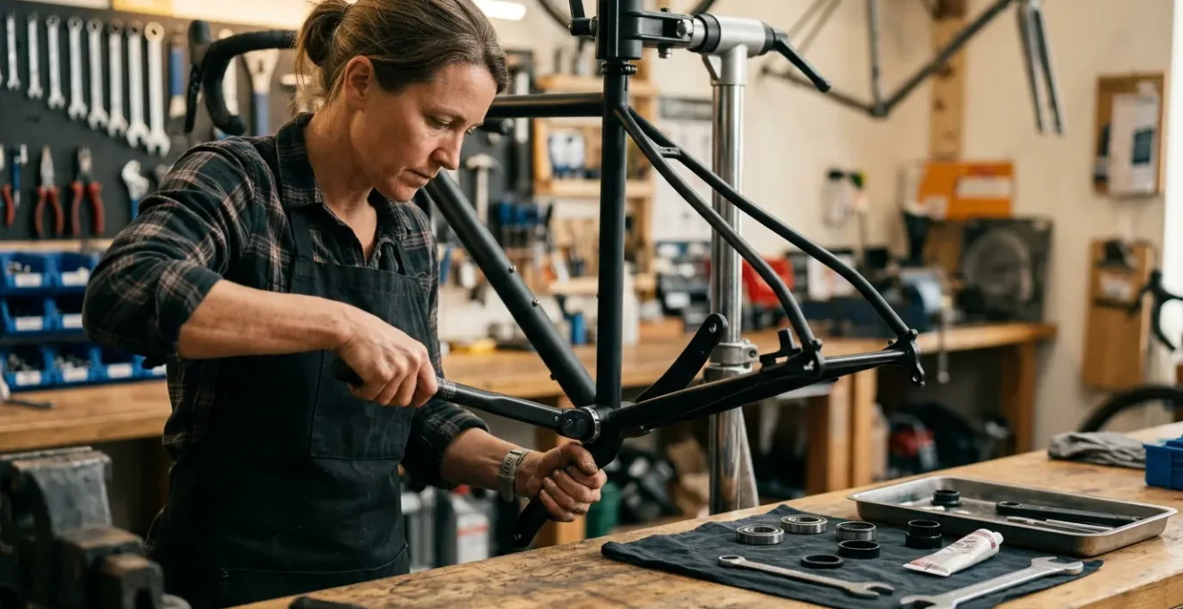Mécanicien vélo expert examinant un boîtier de pédalier avec outils spécialisés dans un atelier professionnel