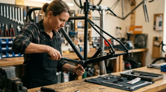 Mécanicien vélo expert examinant un boîtier de pédalier avec outils spécialisés dans un atelier professionnel