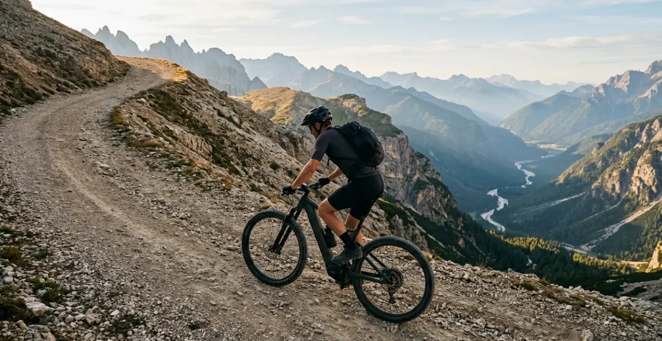 Vue détaillée d'un moteur pédalier de vélo électrique sur un chemin de montagne escarpé