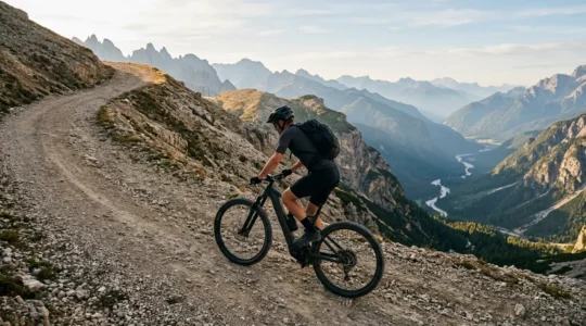 Vue détaillée d'un moteur pédalier de vélo électrique sur un chemin de montagne escarpé