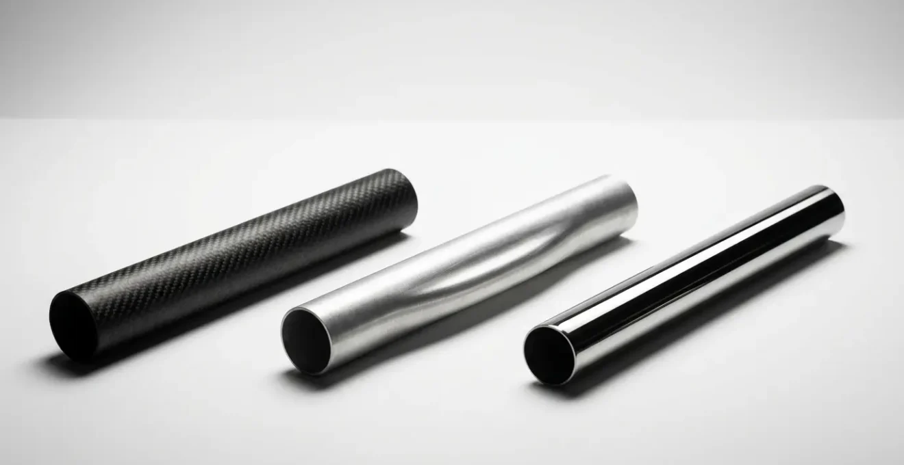 Vue rapprochée sur trois sections de cadres de vélo en carbone, aluminium et acier, disposés en parallèle pour comparaison