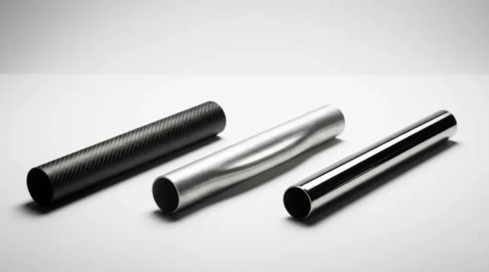 Vue rapprochée sur trois sections de cadres de vélo en carbone, aluminium et acier, disposés en parallèle pour comparaison