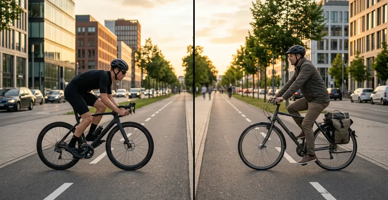 Comparatif entre vélo de route et VTC rapide sur piste cyclable urbaine pendant heure de pointe