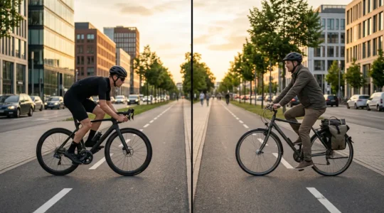 Comparatif entre vélo de route et VTC rapide sur piste cyclable urbaine pendant heure de pointe
