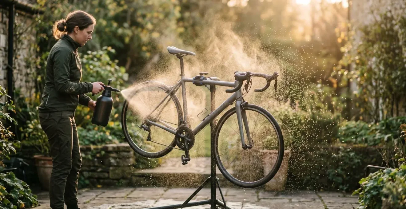 Cycliste utilisant un pulvérisateur de jardin pour nettoyer son vélo en douceur