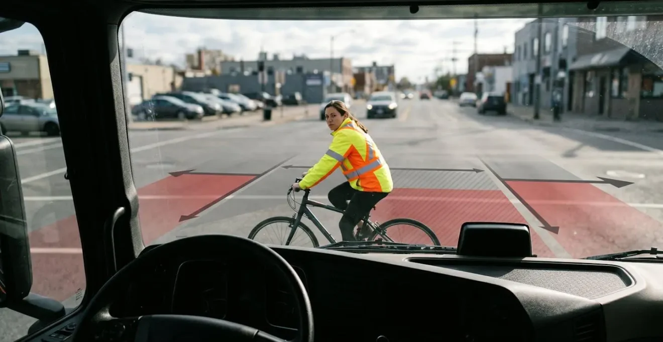 Vue depuis la cabine d'un camion montrant les zones d'invisibilité totale et le positionnement sécuritaire du cycliste
