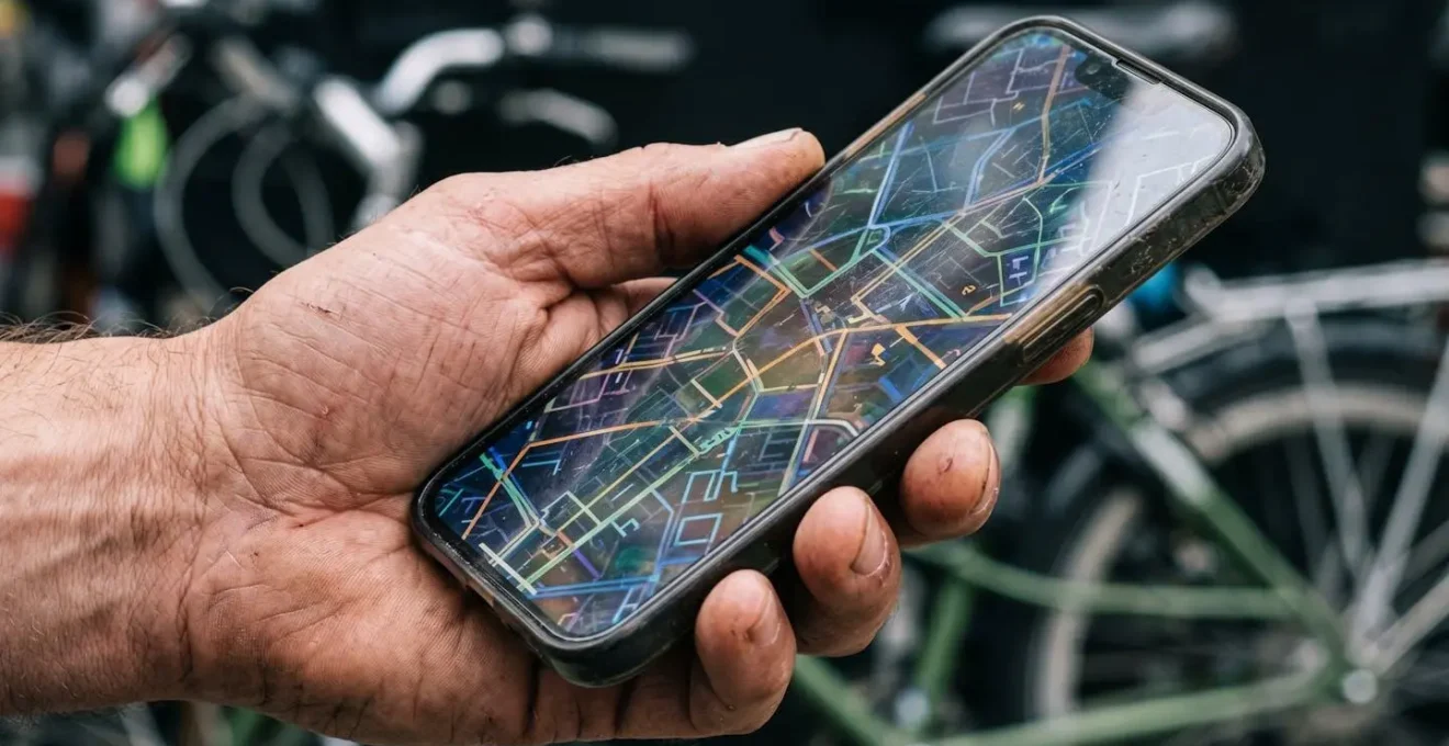Main tenant un smartphone montrant une carte avec des trajets multimodaux, avec un vélo flou en arrière-plan