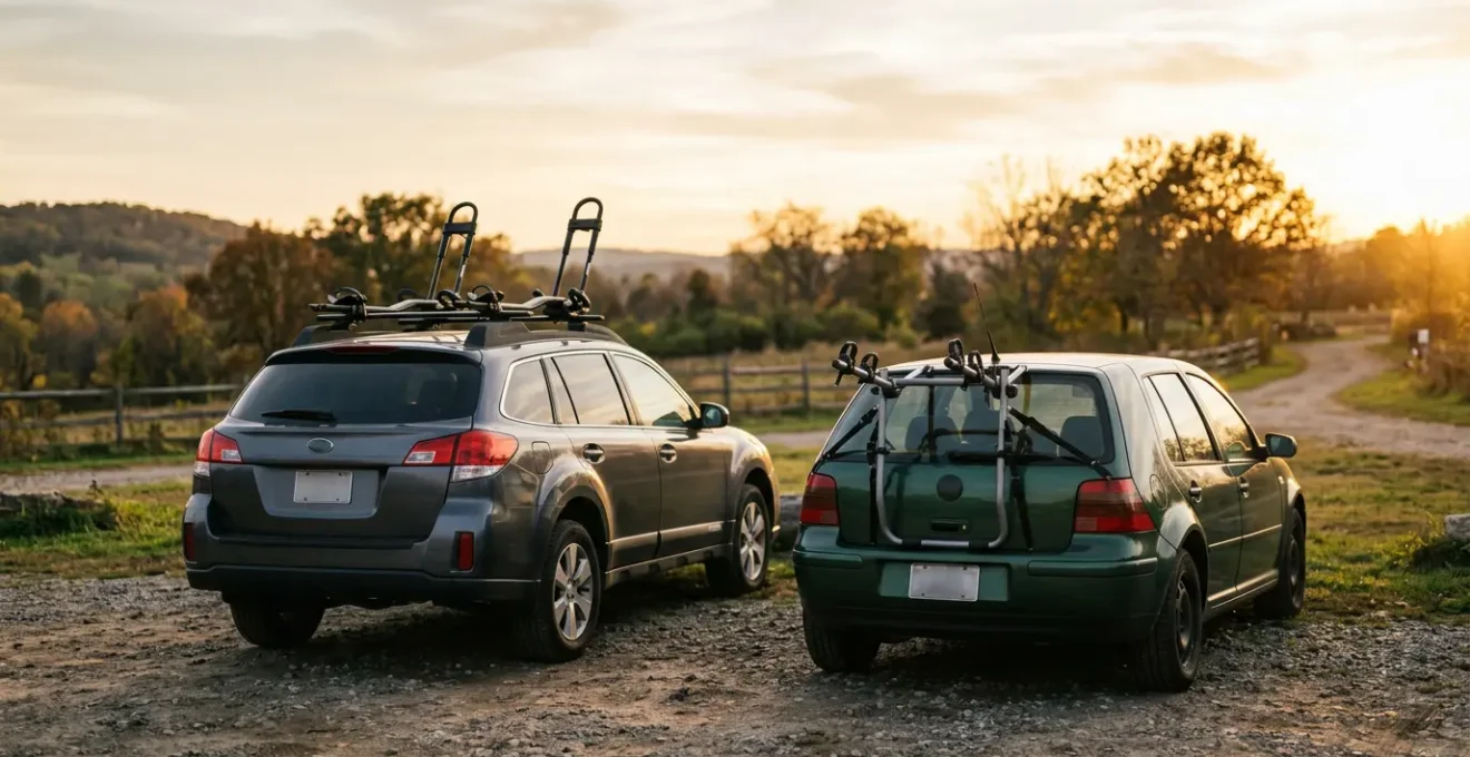 Vue comparative de solutions de transport de vélo montrant barres de toit et système de hayon sur deux voitures différentes dans un parking extérieur