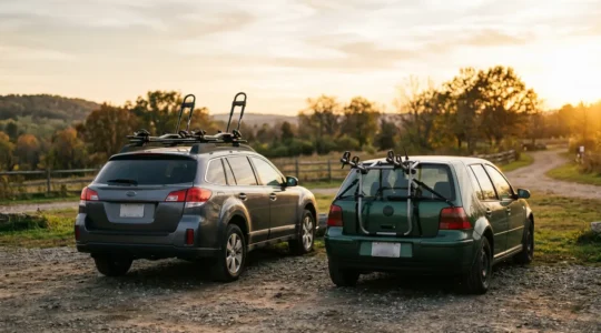 Vue comparative de solutions de transport de vélo montrant barres de toit et système de hayon sur deux voitures différentes dans un parking extérieur