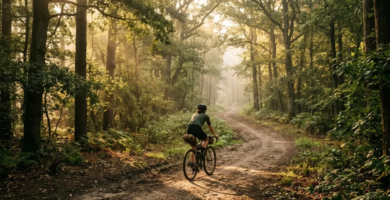 Cycliste contemplatif traversant une forêt lumineuse avec équipement bikepacking
