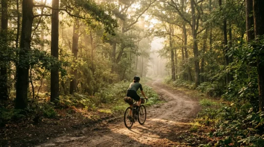 Cycliste contemplatif traversant une forêt lumineuse avec équipement bikepacking