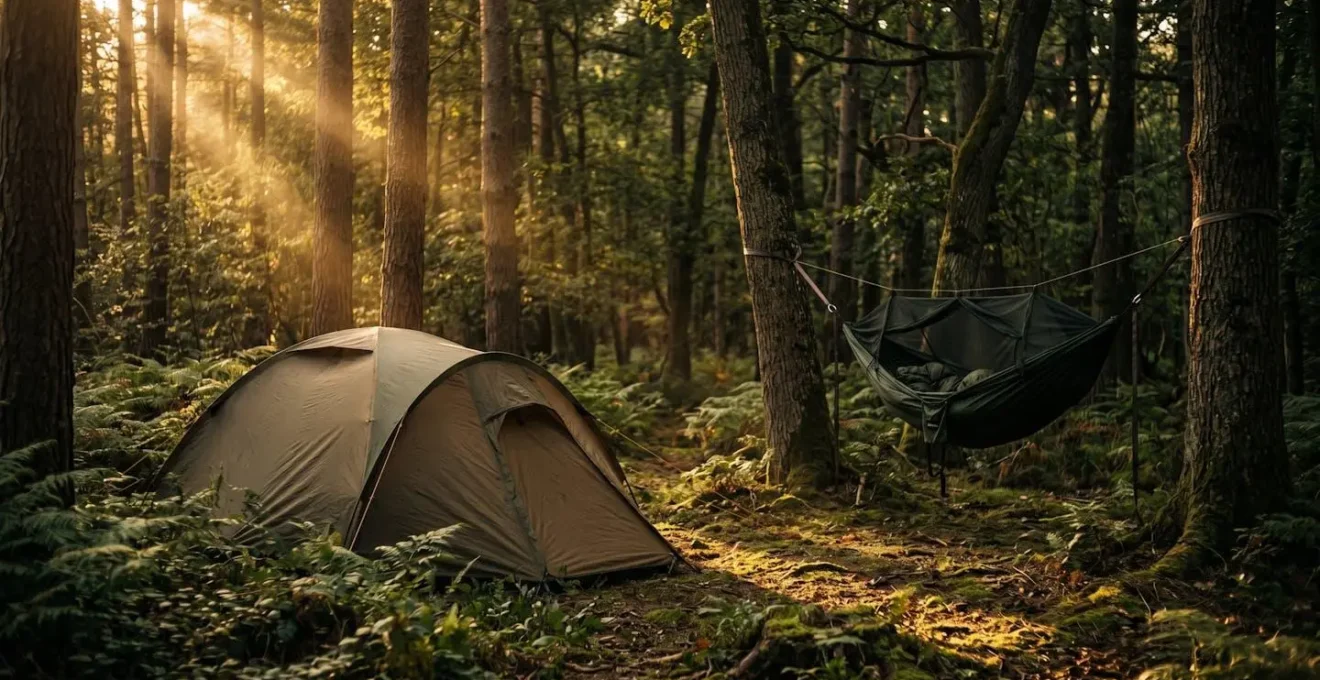 Installation discrète d'un campement minimaliste en forêt au crépuscule