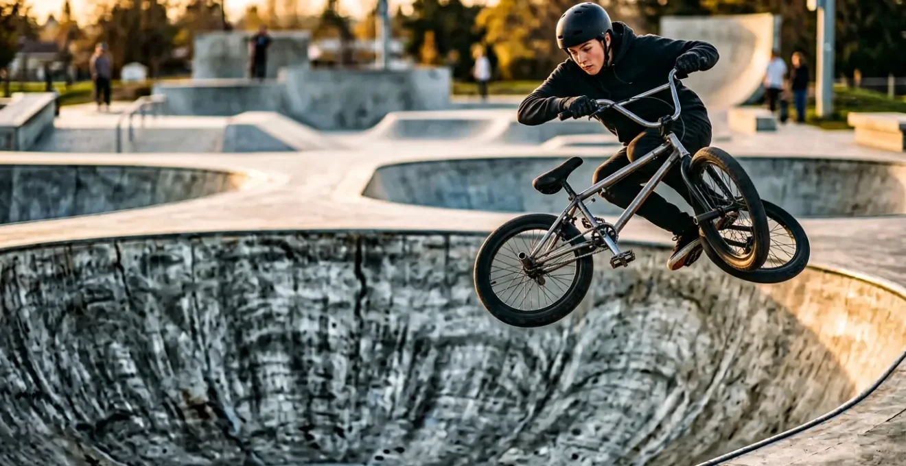 Adolescent en BMX effectuant une figure aérienne dans un skatepark moderne avec rampes et modules