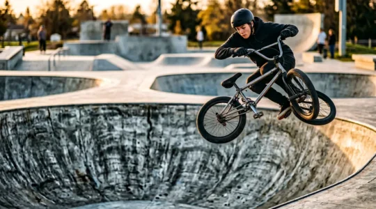 Adolescent en BMX effectuant une figure aérienne dans un skatepark moderne avec rampes et modules