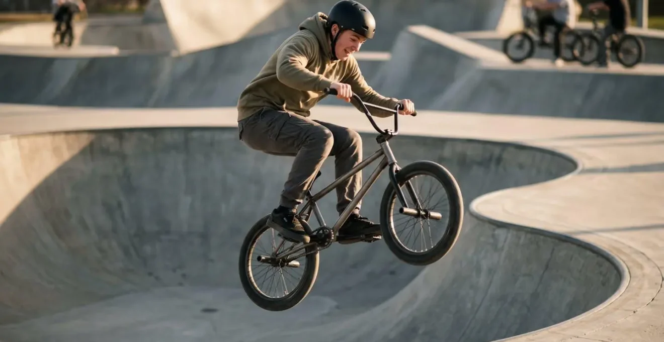 Adolescent effectuant une figure aérienne en BMX au skatepark