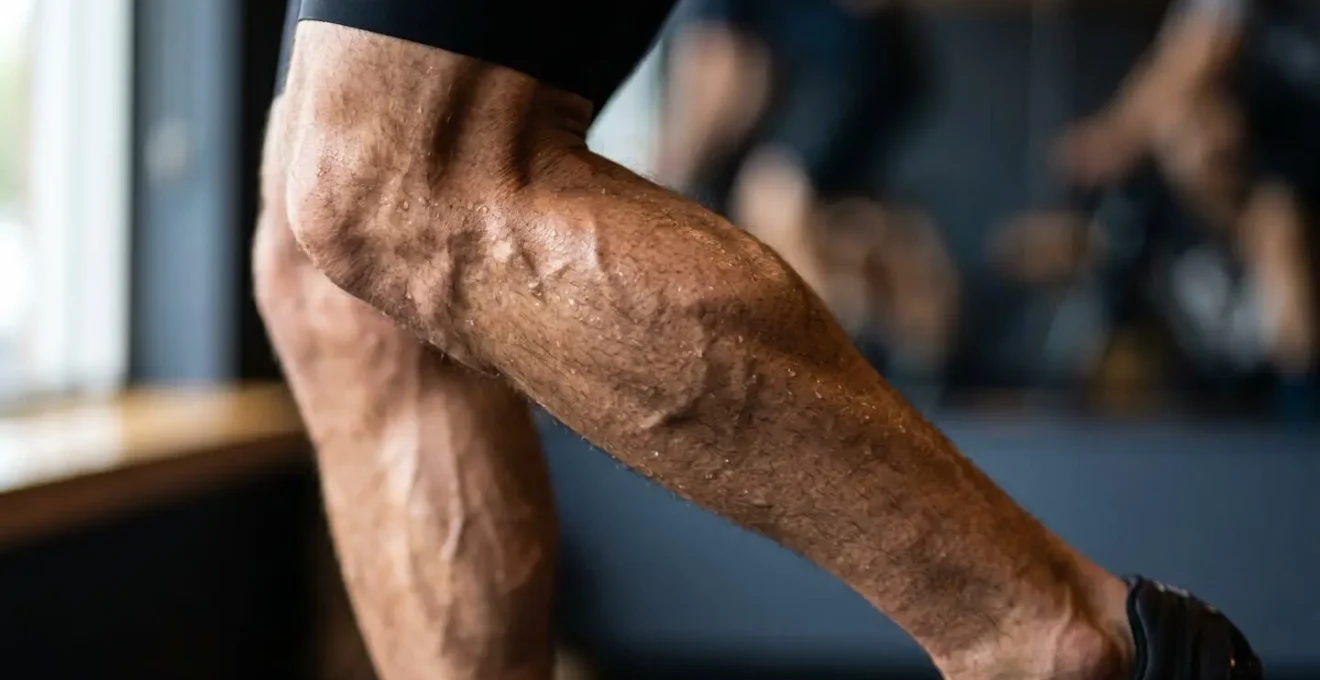 Vue en gros plan sur le muscle du mollet d'un cycliste en plein effort, illustrant la contraction musculaire.