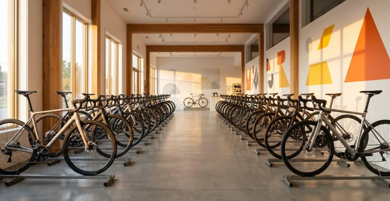 Magasin de vélos avec affiches de soldes et rangées de vélos, ambiance fin de saison
