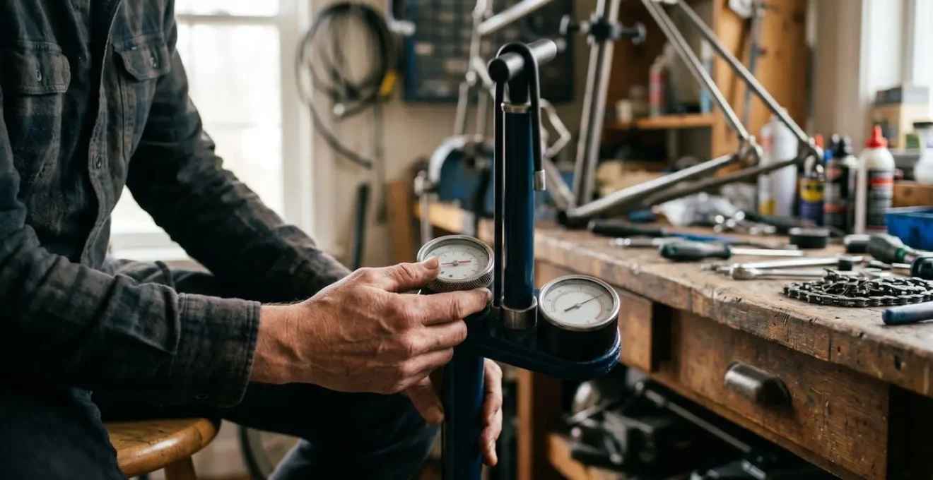 Cycliste comparant deux manomètres différents sur une pompe à pied dans un atelier
