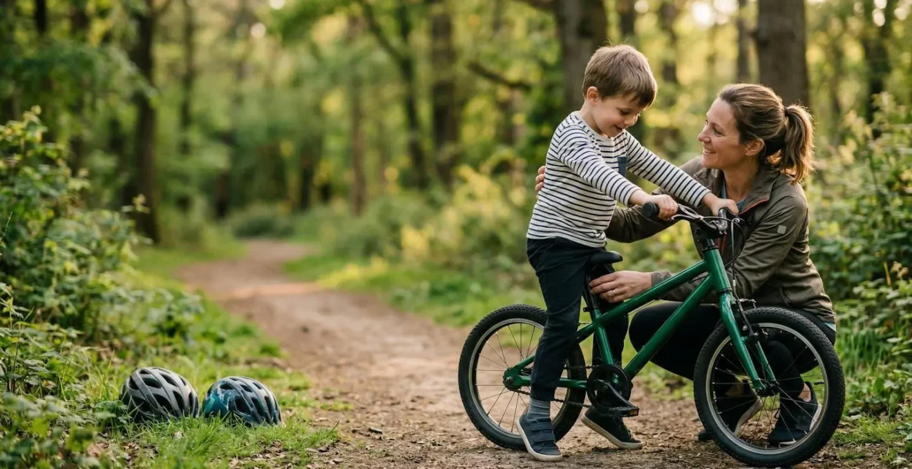 Parent et enfant examinant ensemble un vélo à la bonne taille dans un environnement naturel