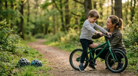 Parent et enfant examinant ensemble un vélo à la bonne taille dans un environnement naturel