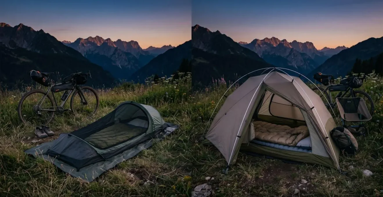 Comparaison visuelle entre un bivy bag compact et une tente ultralight dans un environnement de montagne