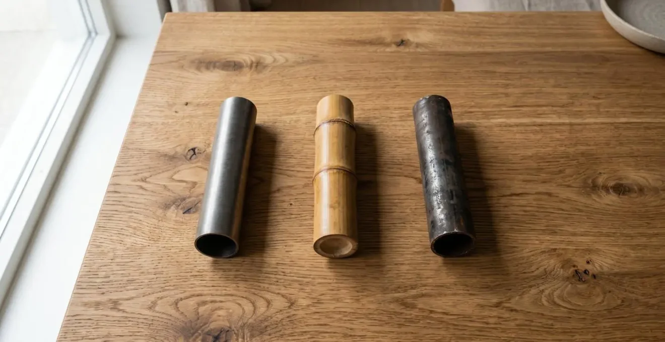 Trois échantillons de matériaux disposés sur surface naturelle : titane brossé, section de bambou traité et acier recyclé