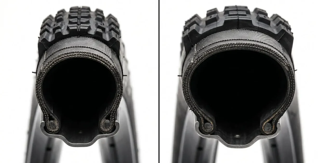 Coupe transversale de deux pneus montrant la différence de volume d'air entre 35mm et 42mm