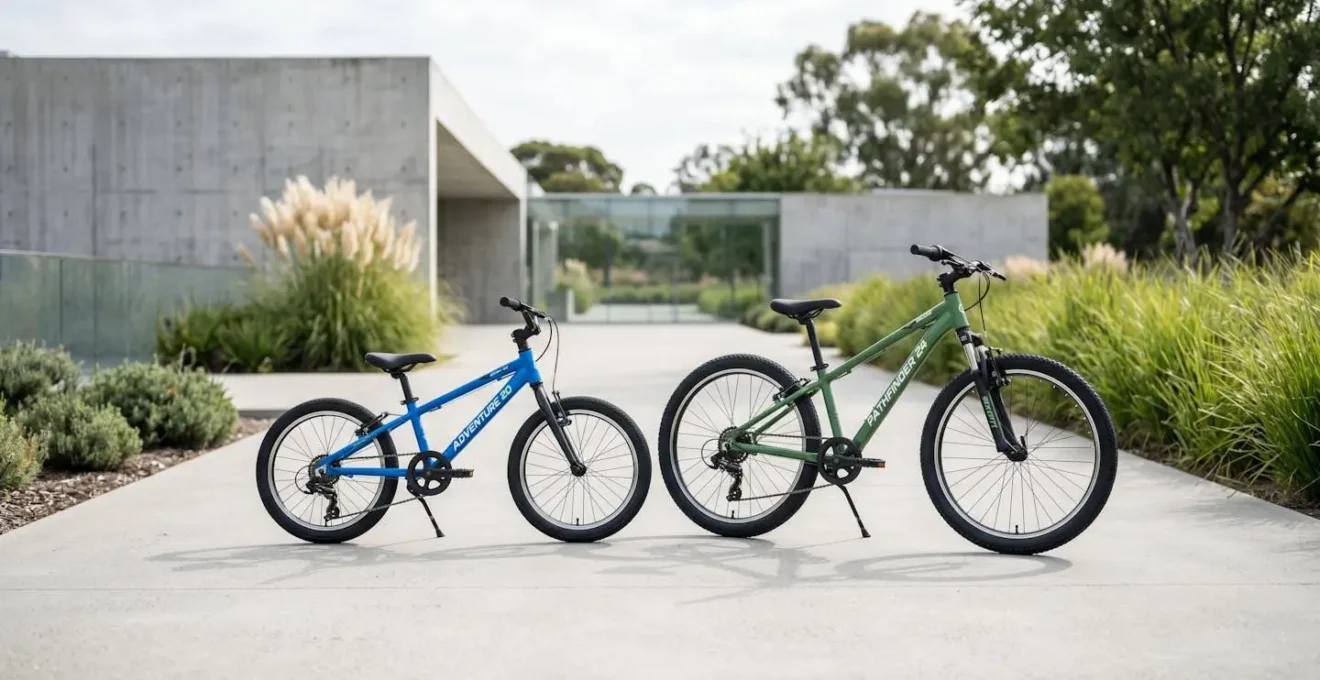 Deux vélos enfants de tailles différentes côte à côte dans un environnement épuré