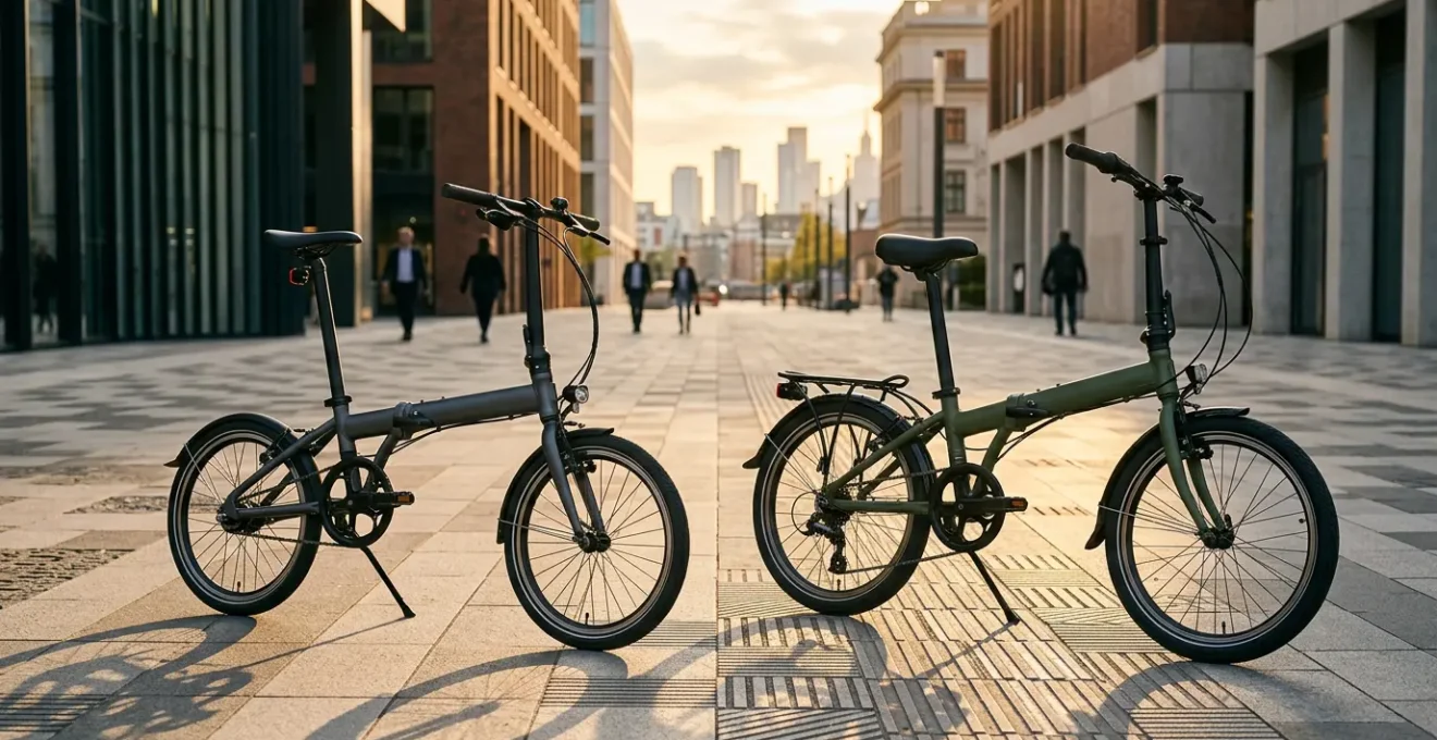 Comparaison visuelle entre un vélo pliant Brompton et un modèle généraliste dans un environnement urbain