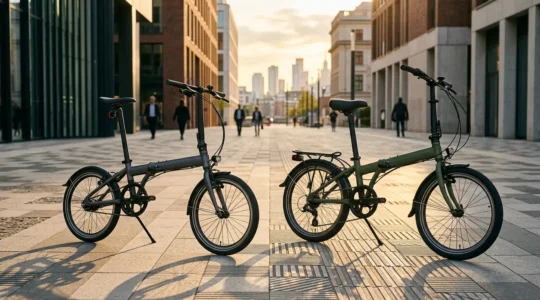 Comparaison visuelle entre un vélo pliant Brompton et un modèle généraliste dans un environnement urbain