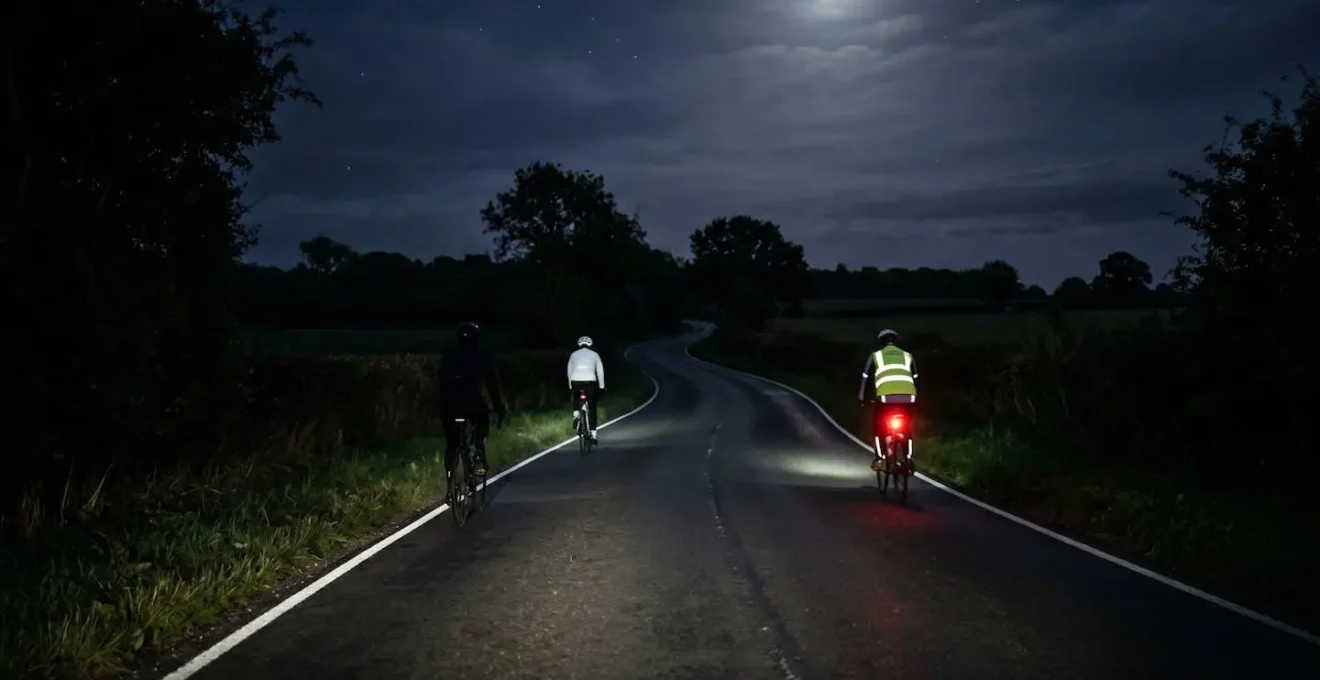 Scène de route nocturne montrant la différence de visibilité entre cyclistes avec et sans équipements réfléchissants