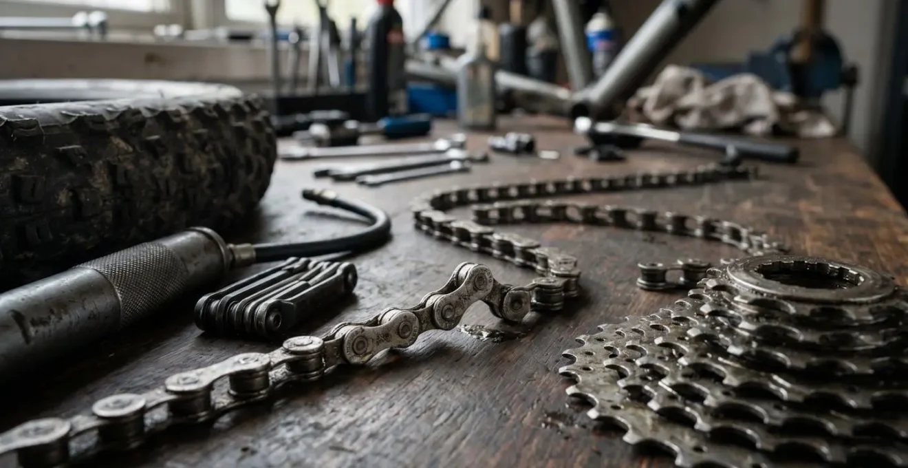 Vue macro détaillée de composants de vélo incluant chaîne, cassette et outils d'entretien sur établi