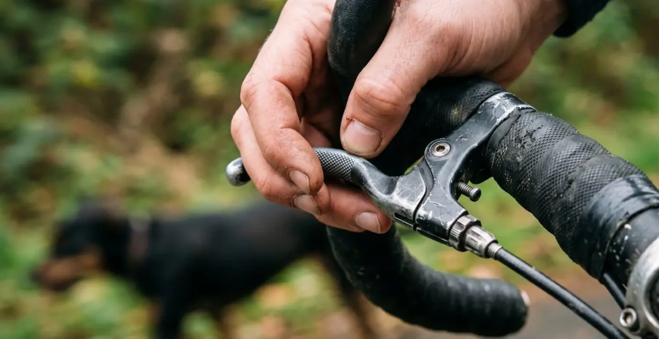 Cycliste maintenant une distance de sécurité avec un chien en liberté sur voie verte