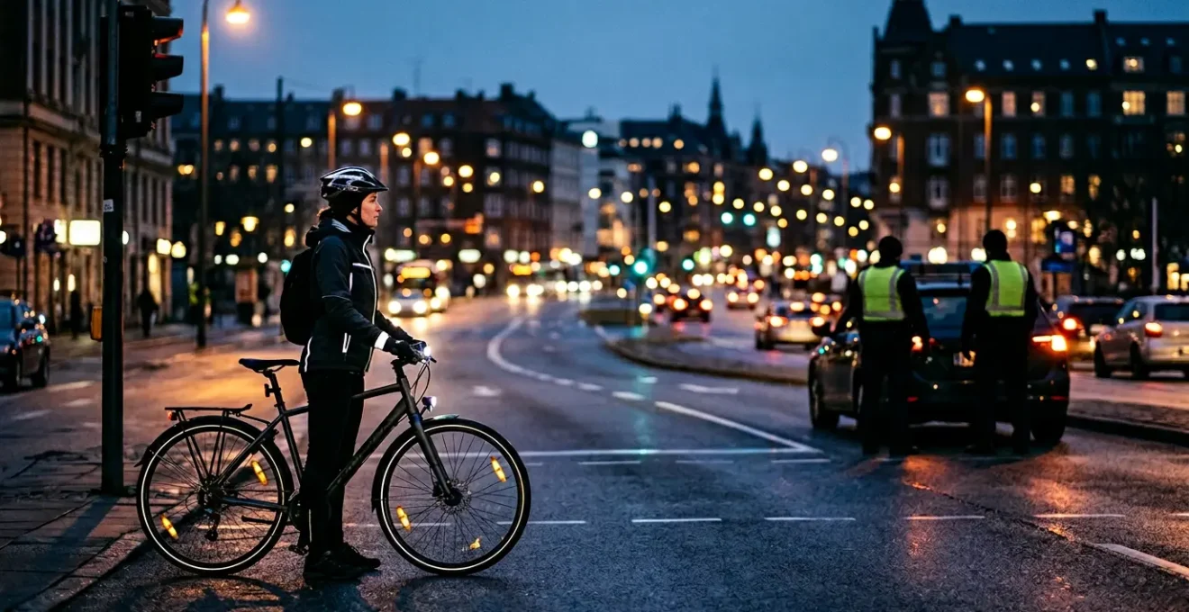 Cycliste urbain de nuit avec équipements de sécurité réfléchissants visible dans la lumière des phares