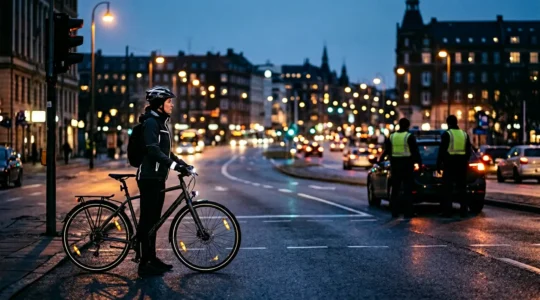 Cycliste urbain de nuit avec équipements de sécurité réfléchissants visible dans la lumière des phares