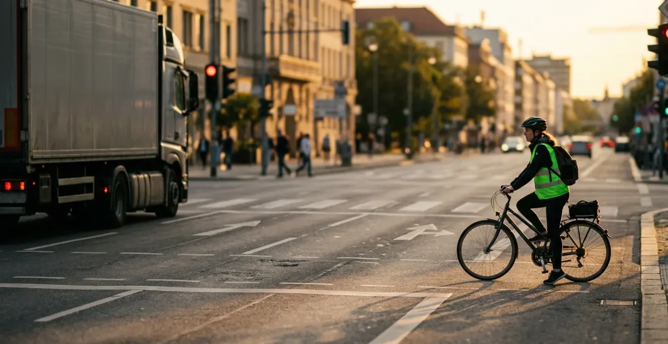 Un cycliste en position sécuritaire derrière un camion à un feu rouge